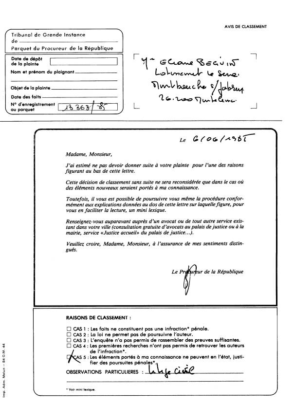 06 JUN. 1985 : Réponse n° 3 du PARQUET de Valence Drôme