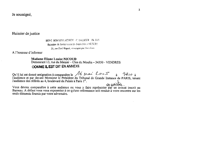 27 avril 2005 - J'ai re�u acte de SCP BONNET-LACOSTE  DALMIER JAN HUISSIERS