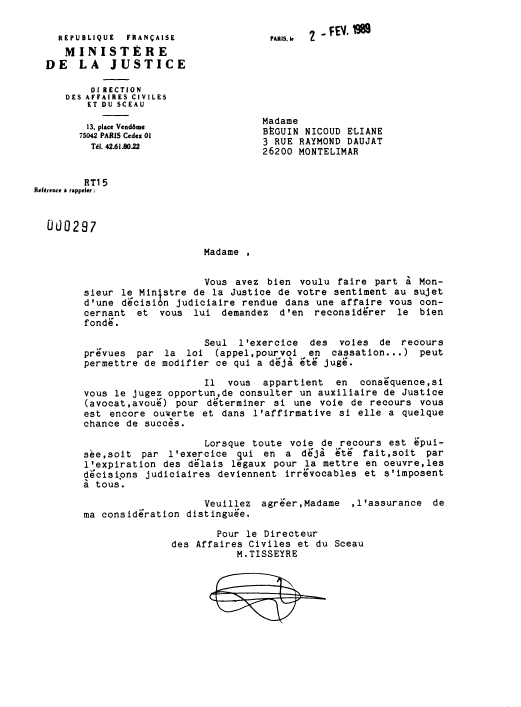 02 Juillet 1989 - Réponse de la Direction Affaires Civiles et du Sceau - M.TISSEYRE - 