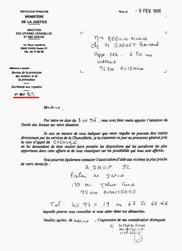 09 fvrier 1996 - Rponse de la JUSTICE, Affaires Criminelles et Grces 