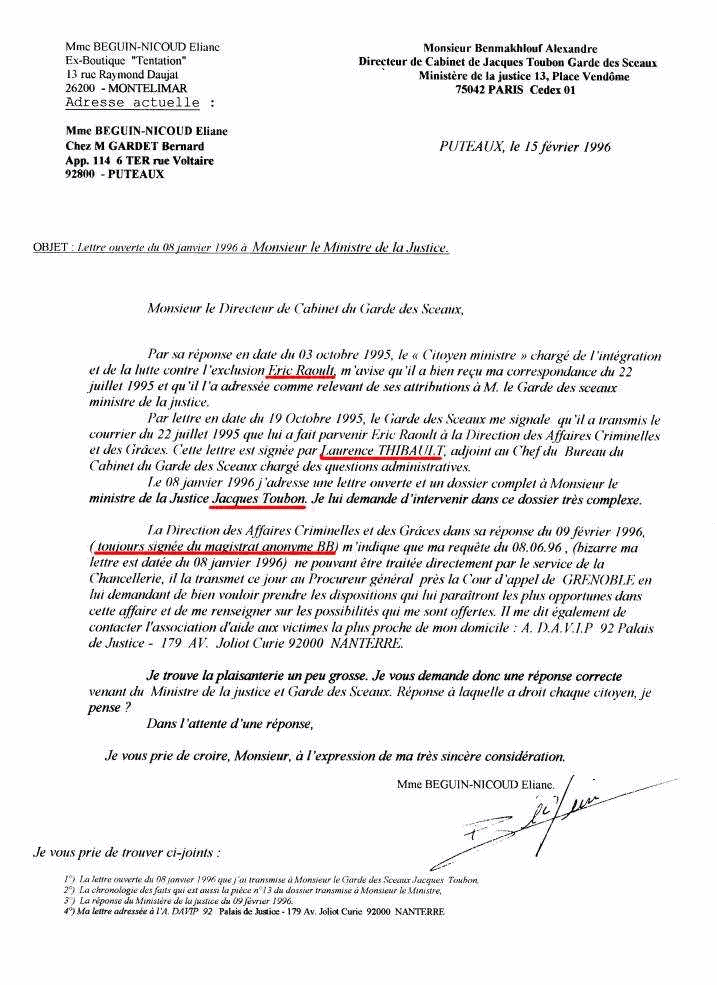 15 Fvrier 1996 - Lettre  Alexandre BENMAKHLOUF Directeur de Cabinet du Garde des Sceaux Jacques Toubon.