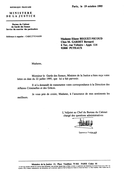 19 octobre 1995 - reponse du ministere justice a ma lettre du 22 juillet 1995 a ric RAOULT 