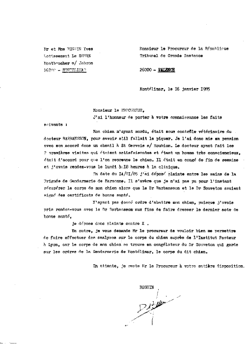 16 janvier 1985 - Plainte près le Tribunal de Grande Instance de Valence - Drôme