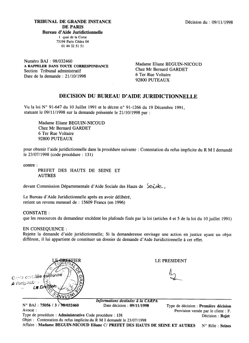 Rejet de la demande d'Aide Juridictionnelle déposée par la requérante près le Tribunal de