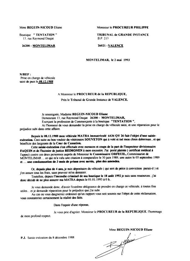 02 mai 1993 - Lettre procureur Philippe pour MATRA