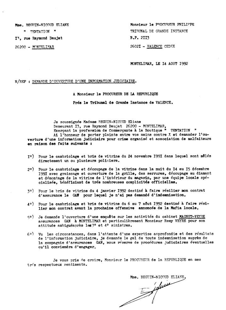 14 AOU. 1992 - Lettre AR. au Procureur de la République Jean Philippe 
