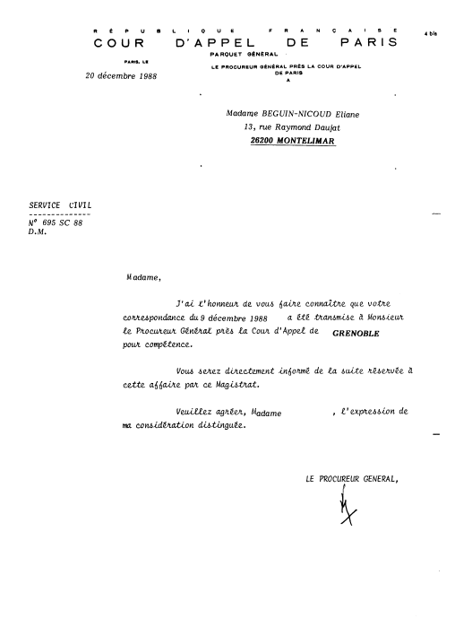  20 Décembre 1988 - Réponse du Procureur Général près la Cour d'Appel de Paris - 