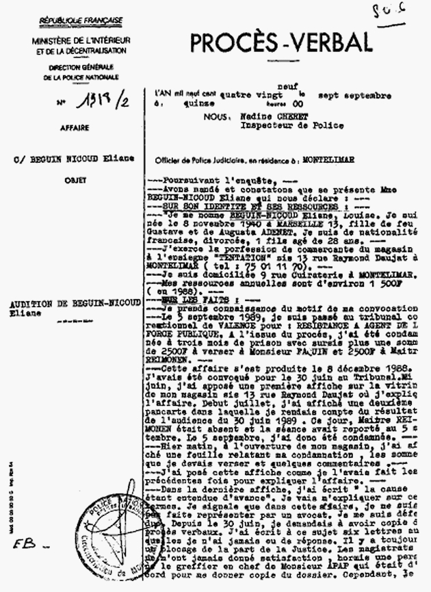 Audition Béguin-Nicoud , suite à Outrage envers Autorité Judiciaire Béguin-Nicoud Eliane