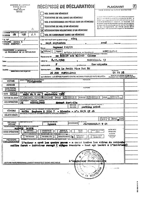 07 SEP. 1985 - Dégradation de mon véhicule sur un parking privé - PV. Raymond FAQUIN