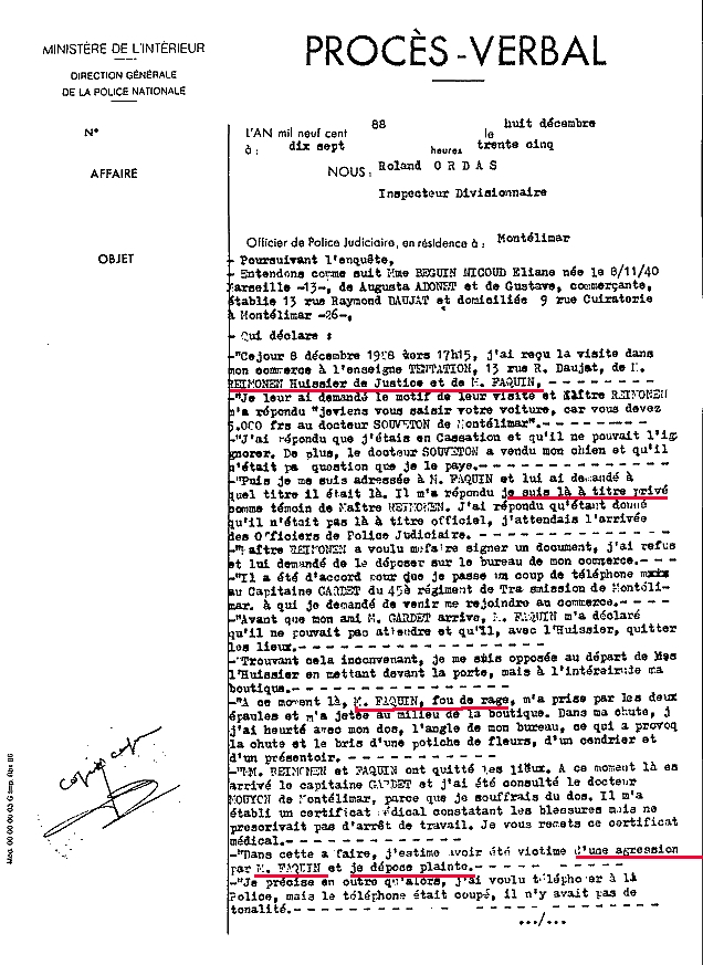 P.V. du 08 DEC. 1988  17:35 tabli par : Roland ORDAS assist du commissaire ORFEUIL Michel