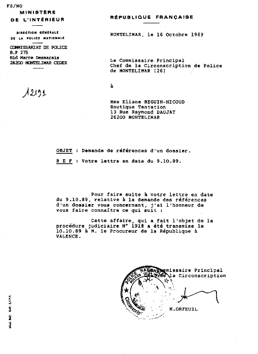 Réponse du commissaire orfeuil 16 octobre 1989