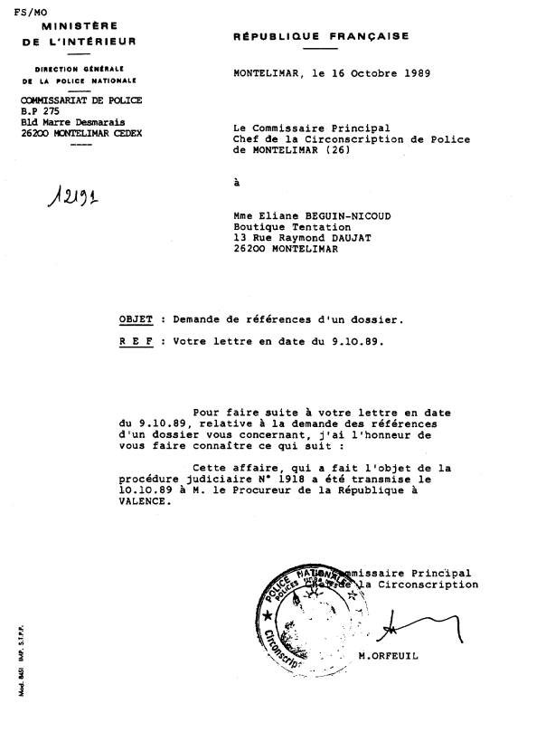 Réponse du commissaire orfeuil 16 octobre 1989