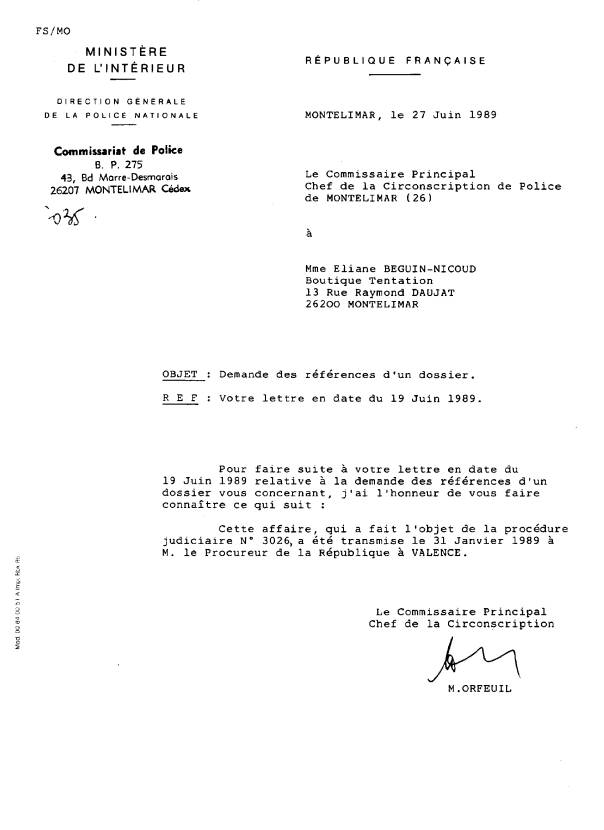 Réponse du commissaire orfeuil 27 juin 1989