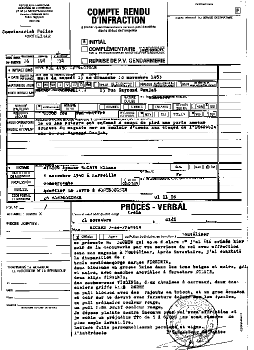 Procès-Verbal établi par : RICARD Jean-Françis(Inspecteur).