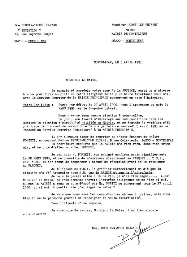 05 avril 1991, je constate qu'il n'y a pas de trace de dépôt de la citation à comparaître pour le 27/04/1990 de l'huissier PONSETI à la Mairie de MONTELIMAR.