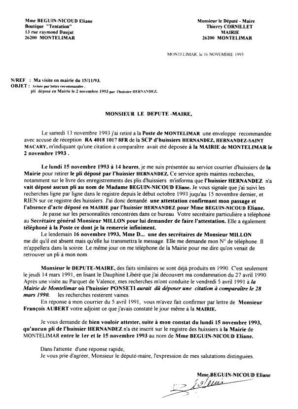 16 Novembre 1993 - Lettre à Cornillet Thierry - Ma visite en mairie du 15/11/93