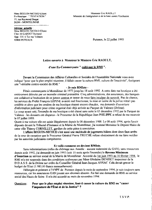 22 juillet 1995 - Lettre ouverte à Éric RAOULT Ministre de l'intégration et de la lutte contre l'exclusion