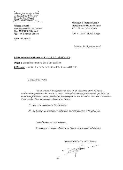 lettre au prefet des hauts de seine 15/01/1997