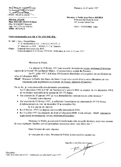 27 AOU. 1997 - REF2708.D97 - Lettre AR au Préfet - décision