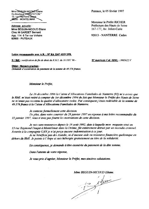 05 février 1997 - Lettre AR. au Préfet des Hauts-de-Seine 