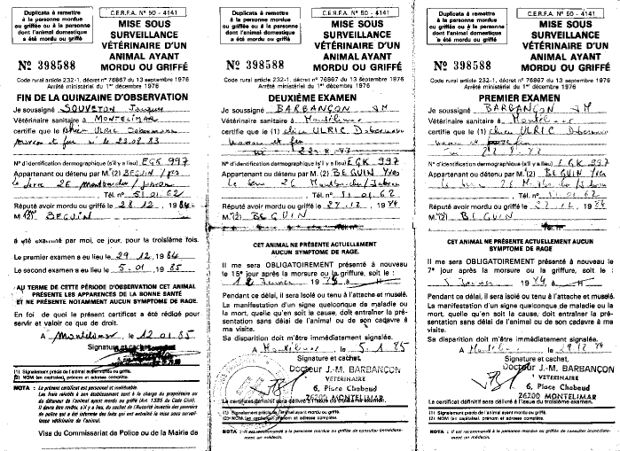 ULRIC - Certificats de vaccination du 24/12/84 du 05/0185 et 12/05/85